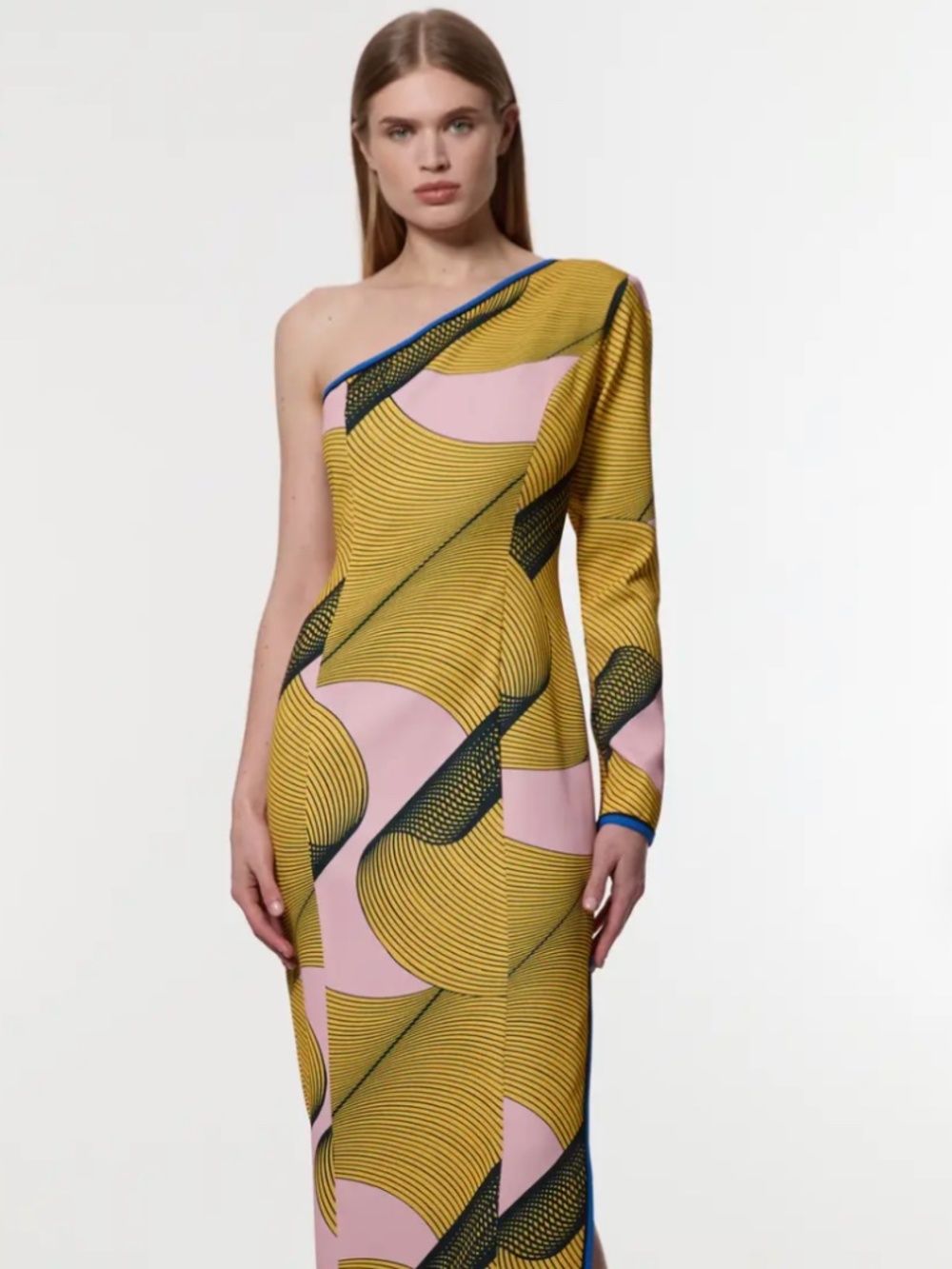 NWT Karen Millen Yellow Amelia Graham Printed Cady One Shoulder Dress